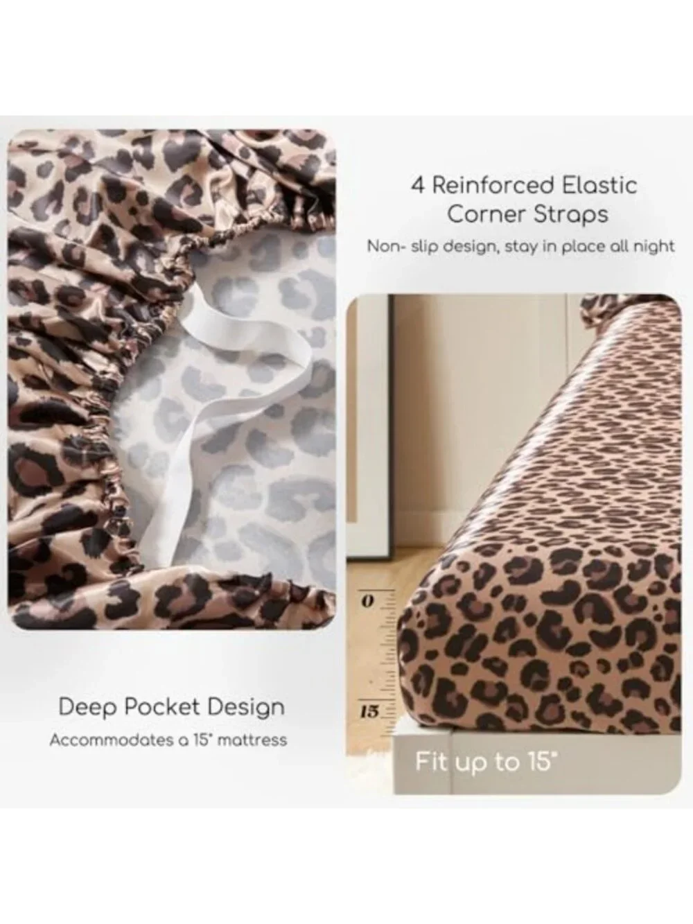 Satin Queen Size Sheets with Elastic Corner Straps, Brown Leopard Print Design